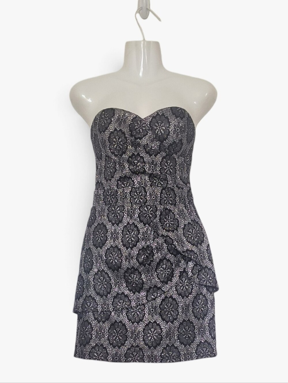 Lovposh Silver Glittered Black Floral Strapless Dress Size S